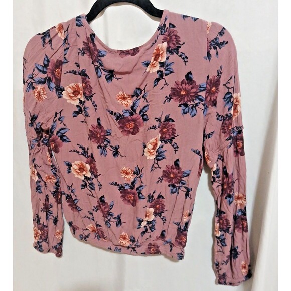 American Eagle Top Small Mauve Pink Floral Crossover Long Sleeve Blouse Womens M - Picture 6 of 8